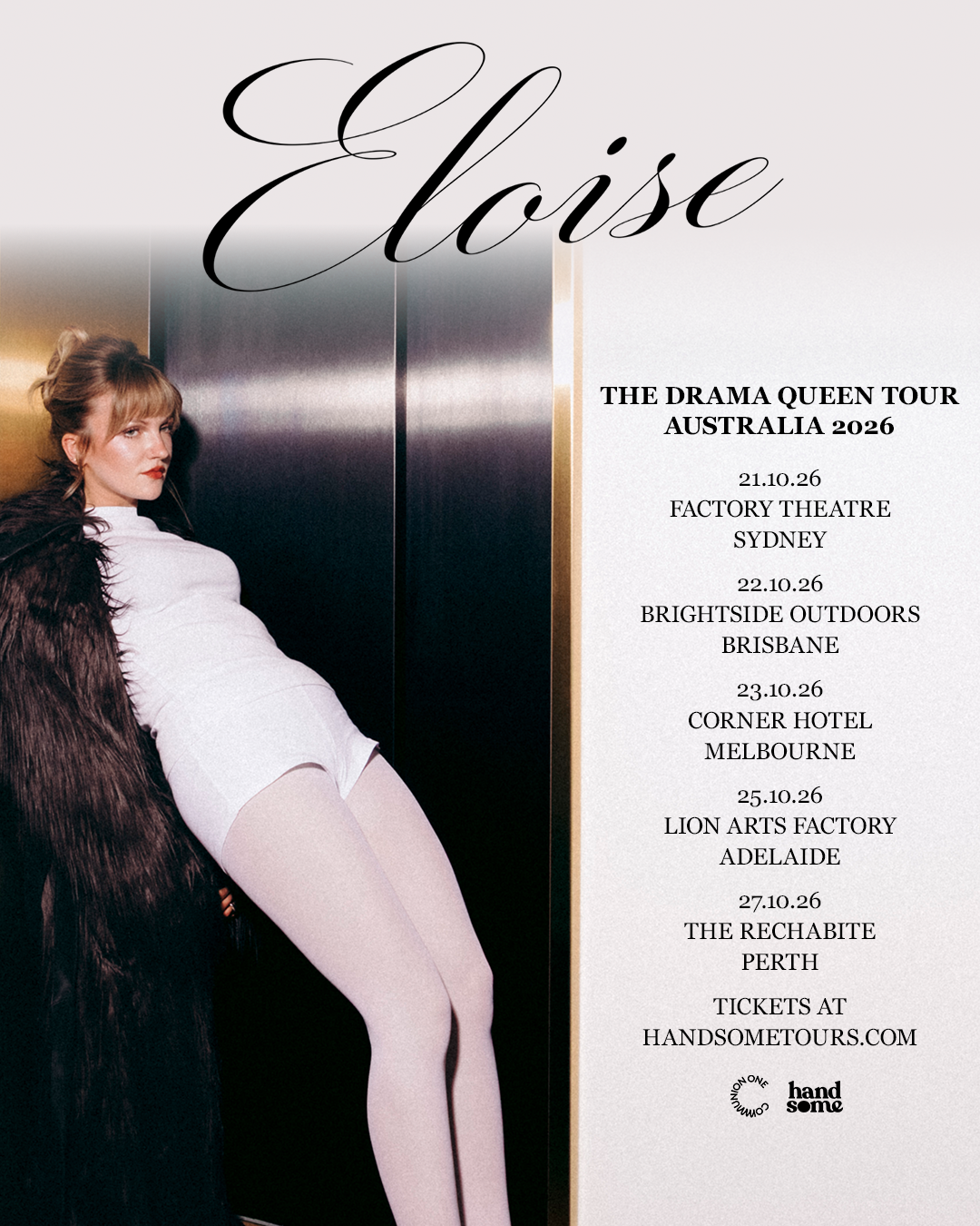 Official tour poster for Eloise’s The Drama Queen Tour Australia 2026, featuring concert dates and a portrait of the singer in a white bodysuit.